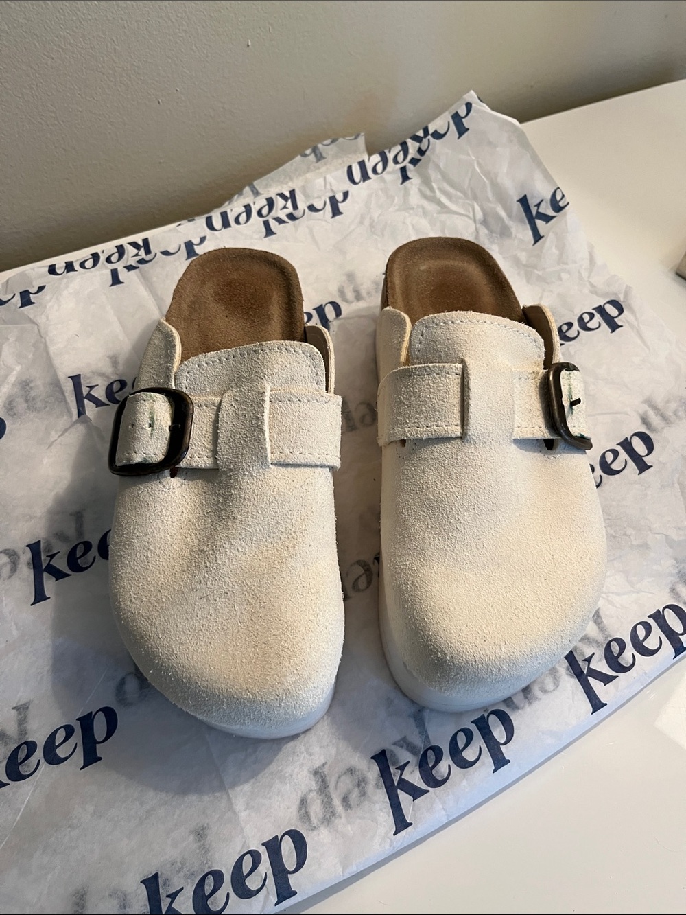 Cream Suede Buckle Slip-On Clogs
More like 6.5/7 size